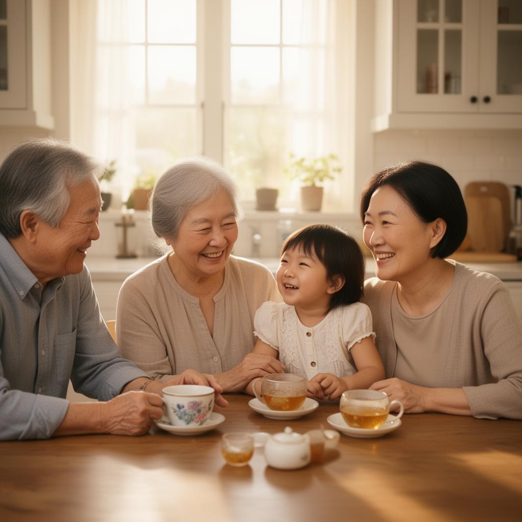 Multigenerational Asian family sharing tea around a sunlit kitchen table