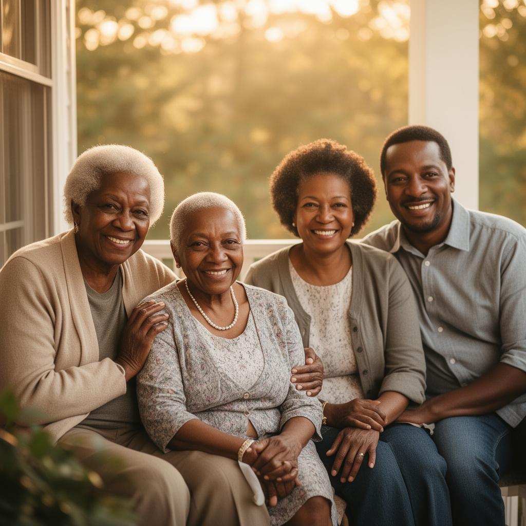 Multigenerational Black family enjoying time together on a sunlit porch
