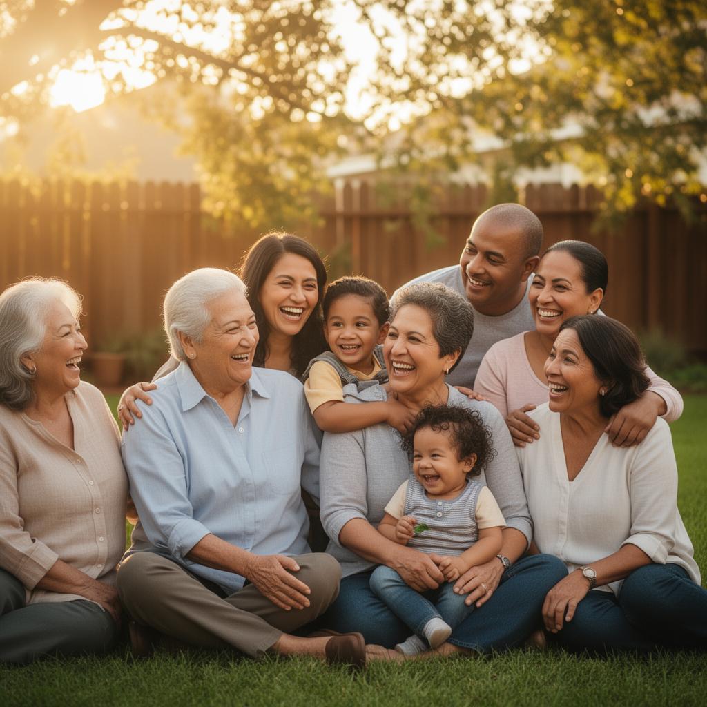 Large multigenerational Latino family laughing together outdoors at golden hour