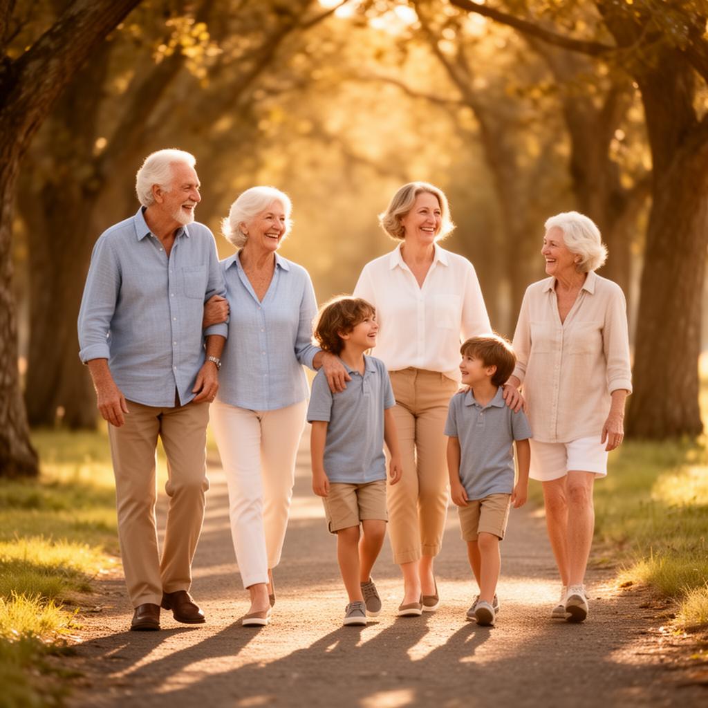 Multigenerational white family walking together along a tree-lined path