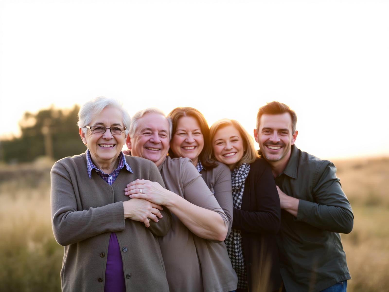 A multigenerational family smiling together at sunset